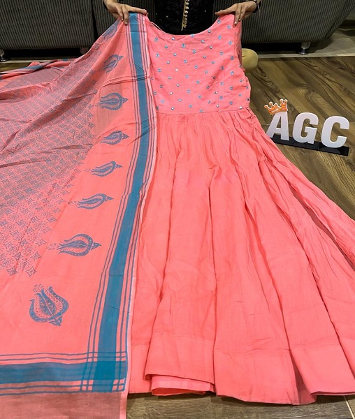 A Premium Cottan Block & foil Print Flared Gown